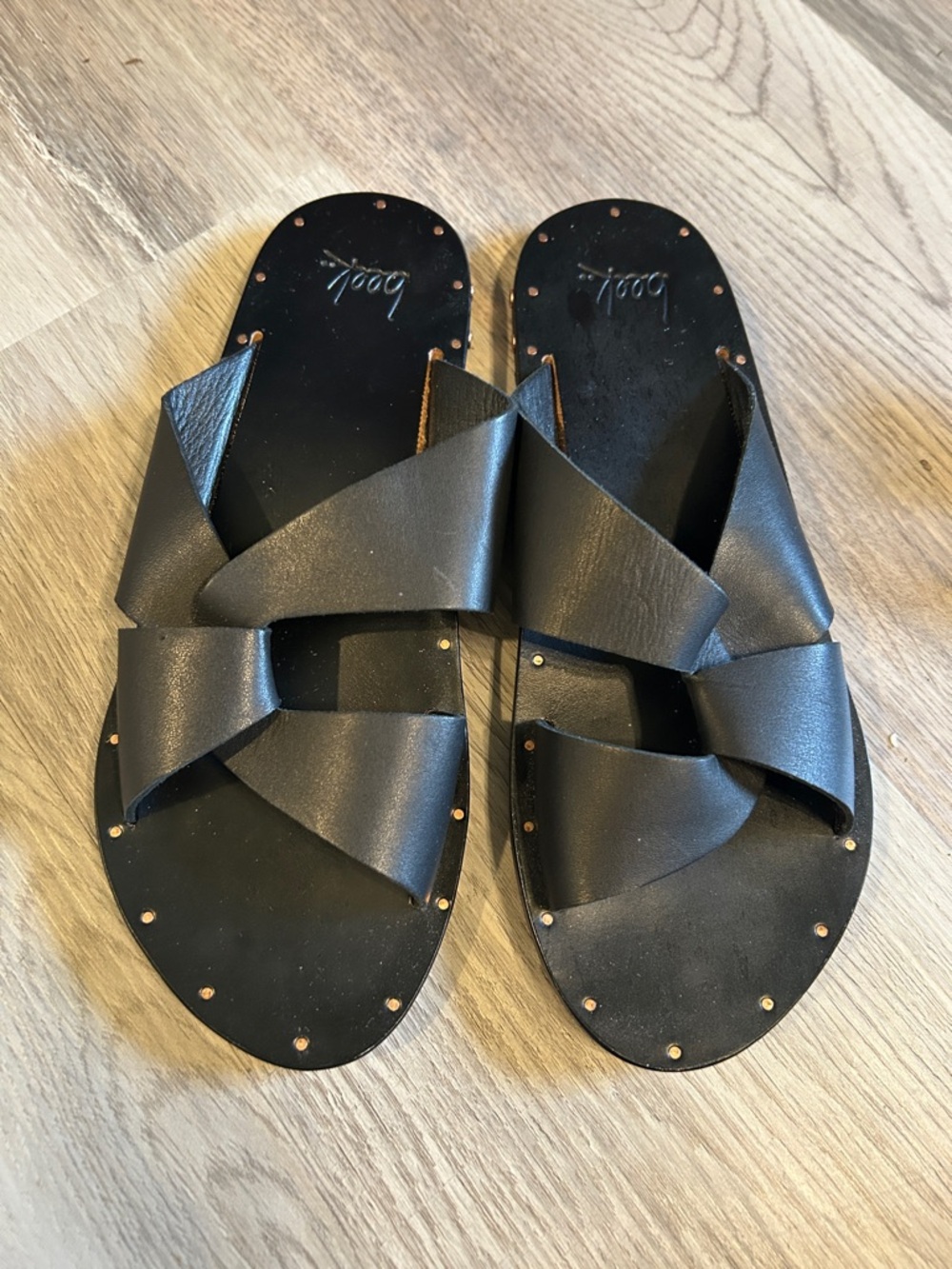 beek.. Pigeon.  Black Leather Crisscross Stud Slide Sandals - Women - Picture 2 of 8